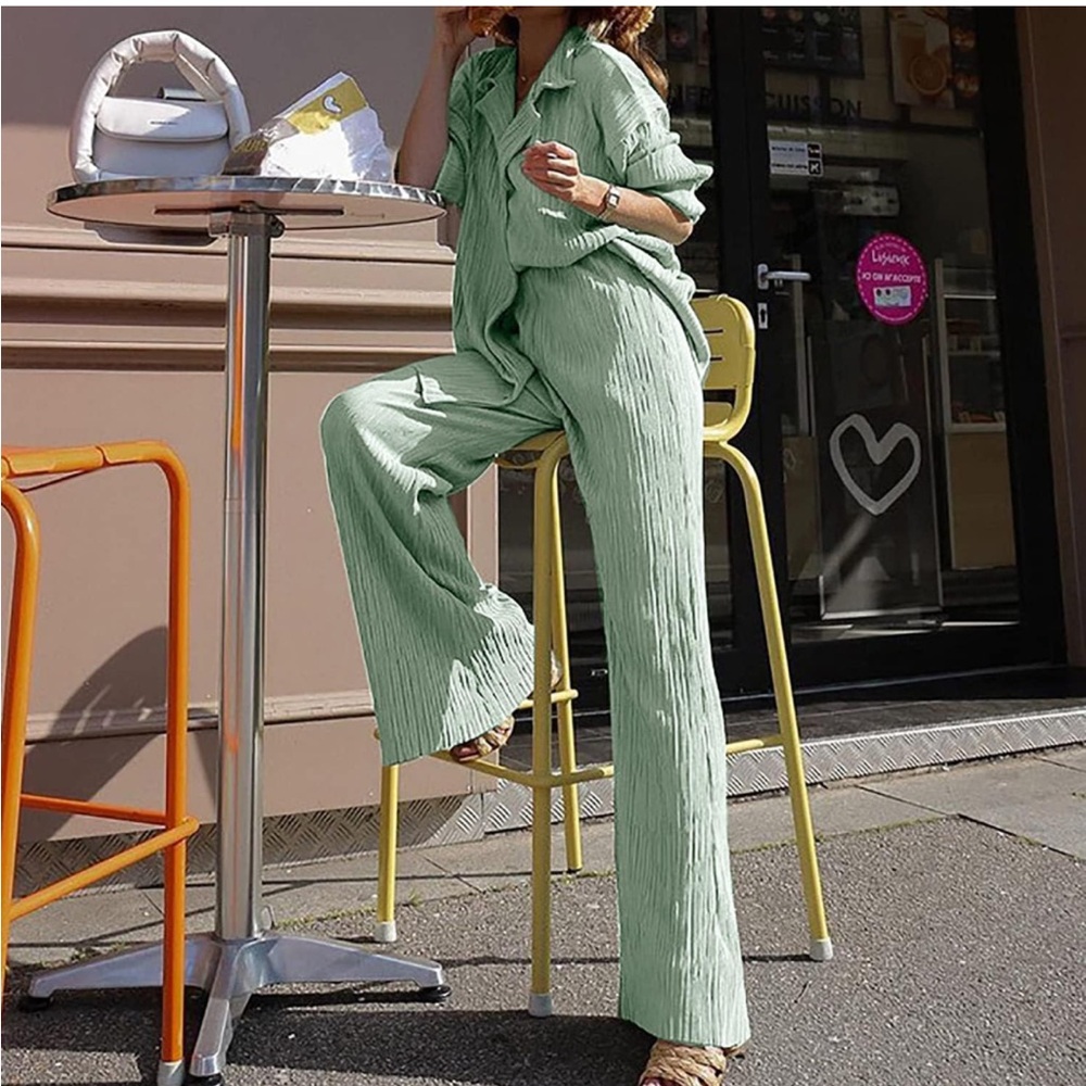💚2 Piece Streetwear Pleated Set Button Down Shirt High Waist Loose Pants💚